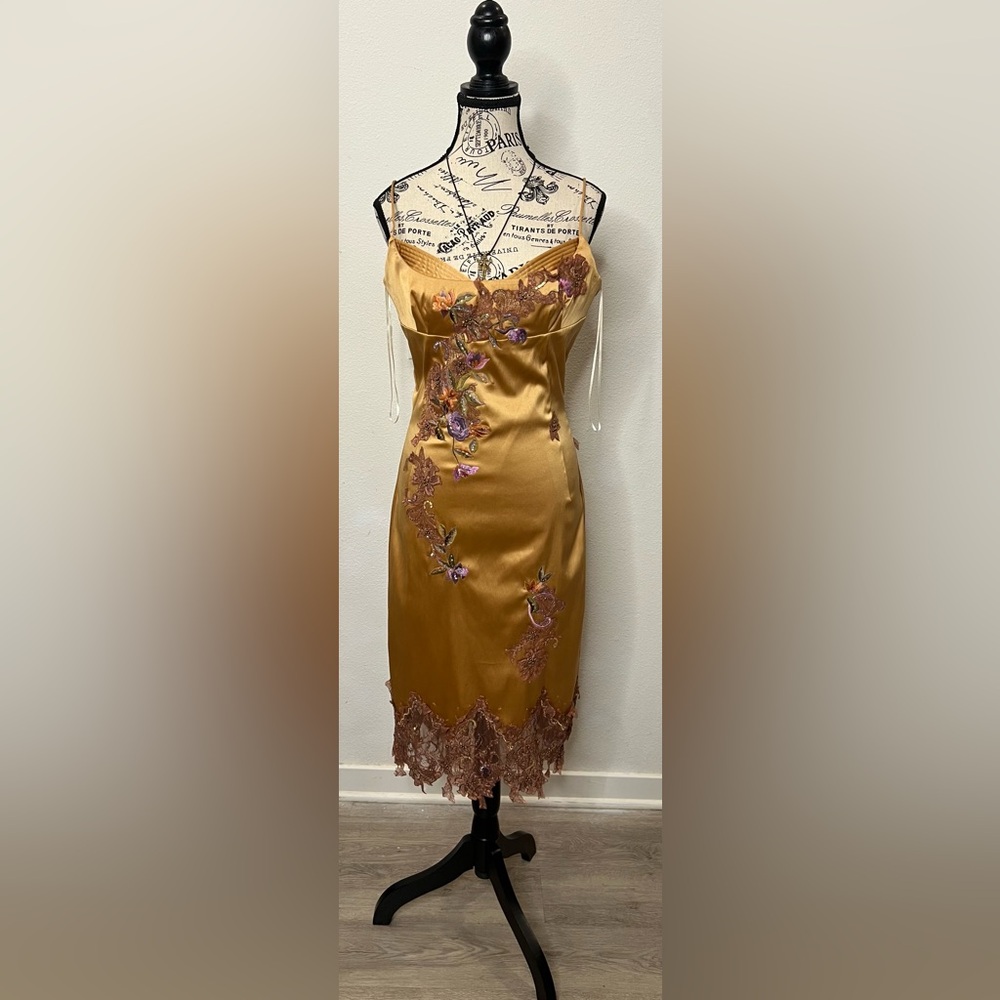 Gold Satin Dress with Floral Embroidery